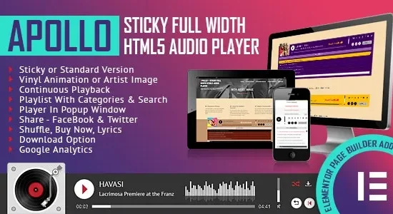 Apollo - Sticky Full Width HTML5 Audio Player Elementor Widget